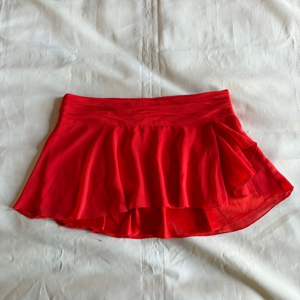 GUIZIO- Chiffon Slit Mini Skirt Size Large Poppy Orange Micro Summer Low Waist - Picture 2 of 9